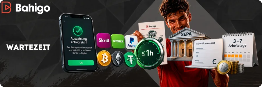 Bearbeitungsdauer der Auszahlungen bei Bahigo mit schnellen E-Wallet- und Krypto-Zahlungen sowie SEPA-Überweisung in 3-7 Arbeitstagen