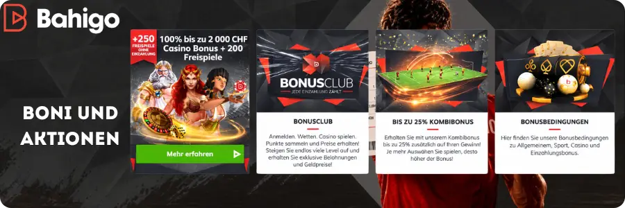Vielfältige Boni und Aktionen bei Bahigo Schweiz mit Willkommensbonus, Bonusclub und Kombibonus in CHF