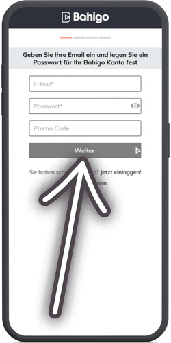 Eingabe von E-Mail und Passwort für ein neues Konto bei Bahigo mit optionalem Promo Code