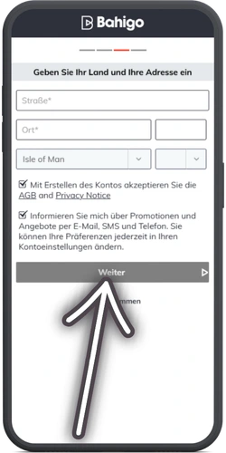 Angabe von Land und Adresse sowie Zustimmung zu den AGB bei Bahigo zum Abschluss der Registrierung