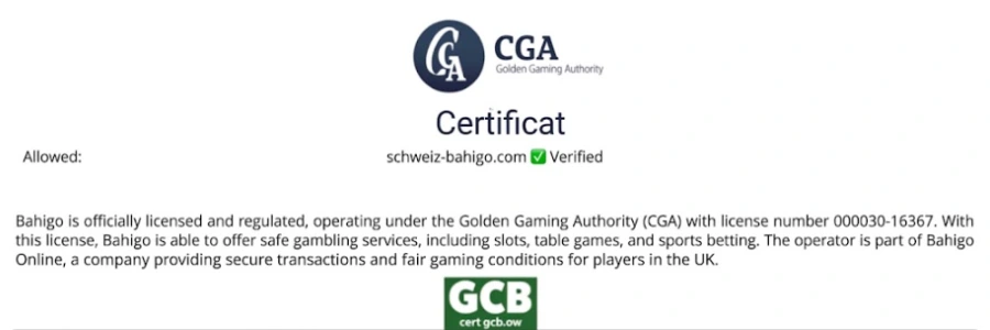 Seriosität und Sicherheit bei Bahigo mit Curaçao-eGaming-Lizenz SSL-Verschlüsselung Fair Play und 18+ Schutz in der Schweiz